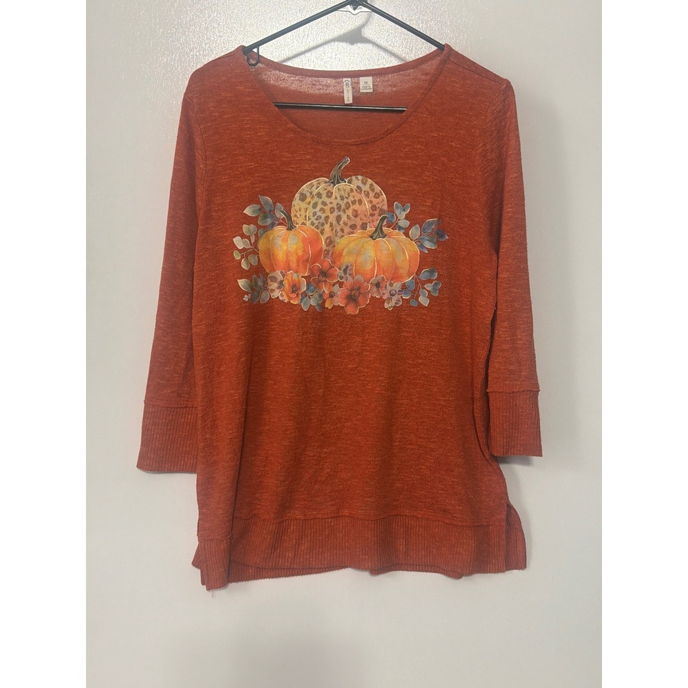 Cato Womens Burnt Orange Pumpkin Leopard Print Fall Graphic Knit Top Medium